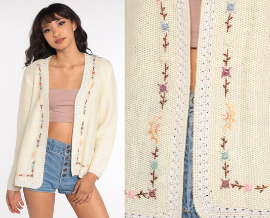 70s Floral Embroidered Cardigan Cream Knit Sweater Small Medium