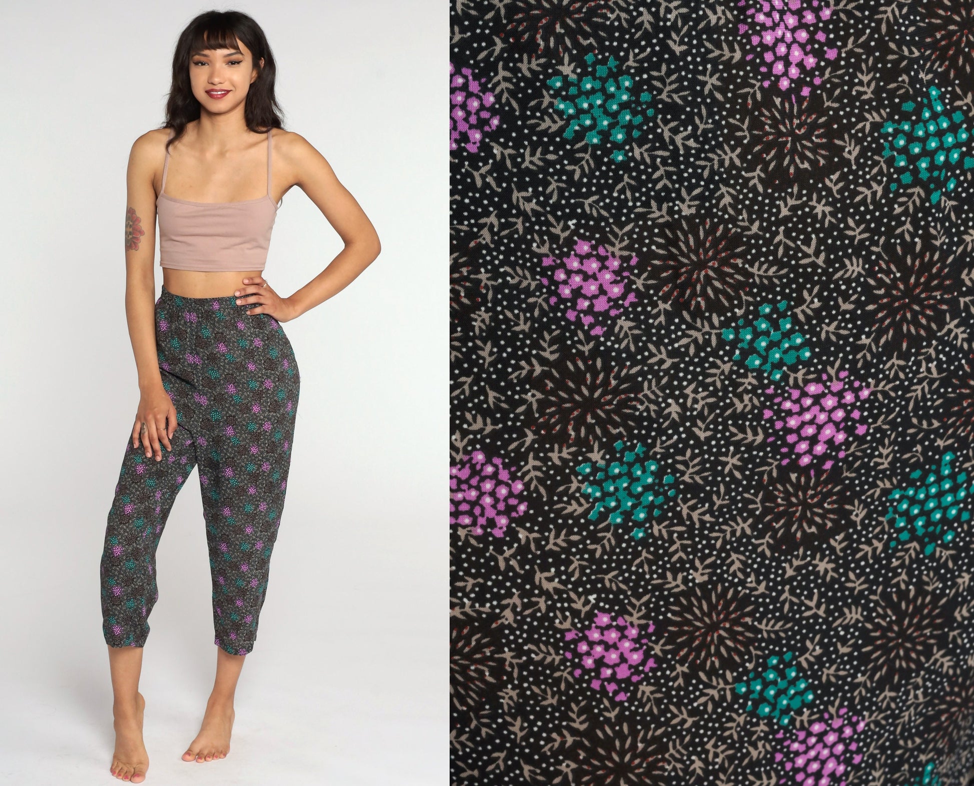 80s High-Waisted Tapered Ankle Pants Black Geometric Medium Large