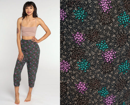 80s High-Waisted Tapered Ankle Pants Black Geometric Medium Large