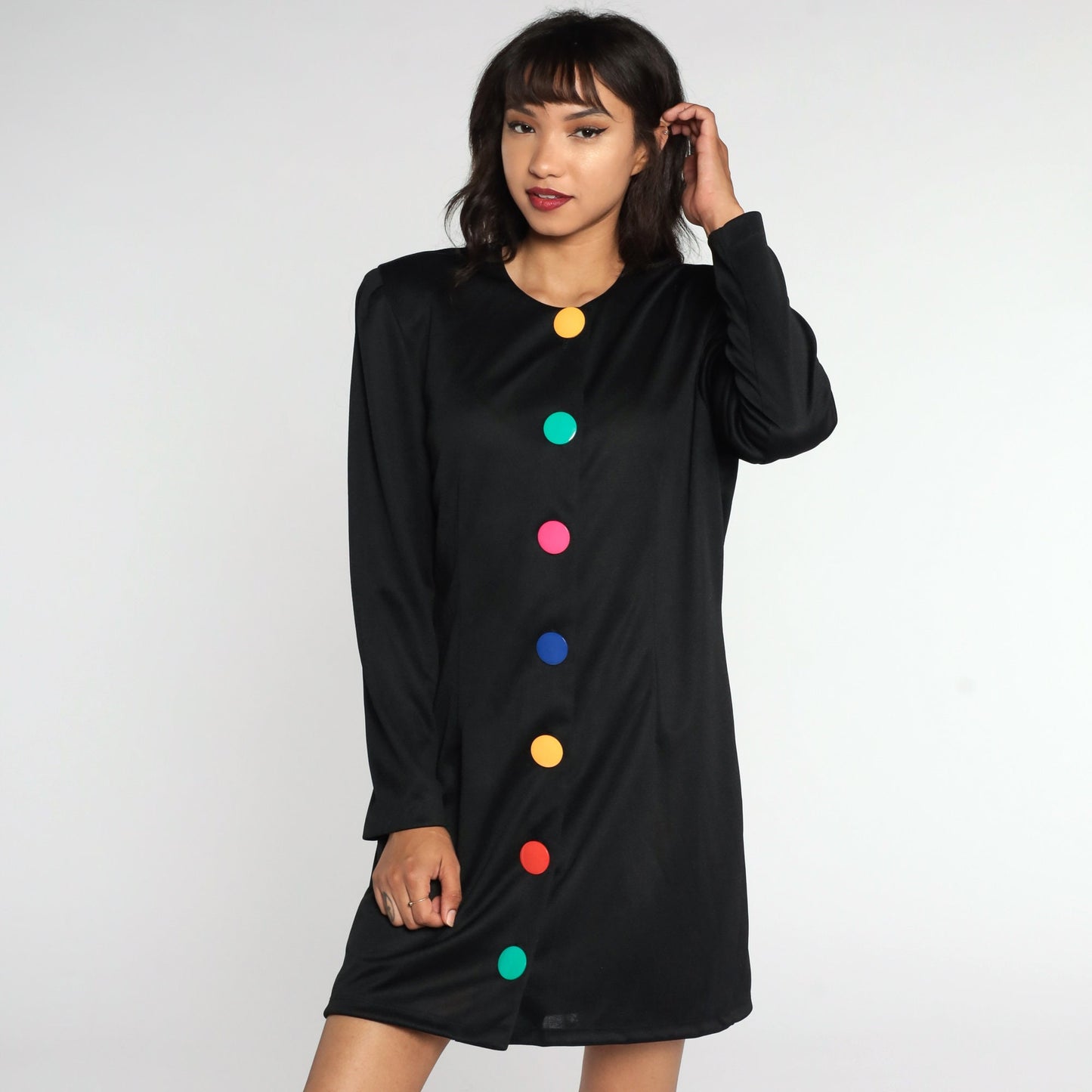 80s Black Mini Dress Rainbow Button Up Long Sleeve Sheath Large 12