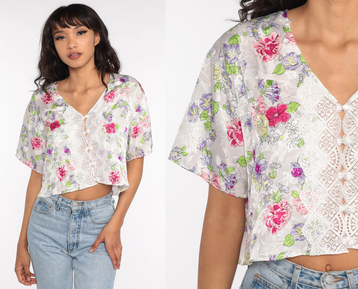 80s Floral Satin Lingerie Pajama Top Lace Crop Button-Up Large