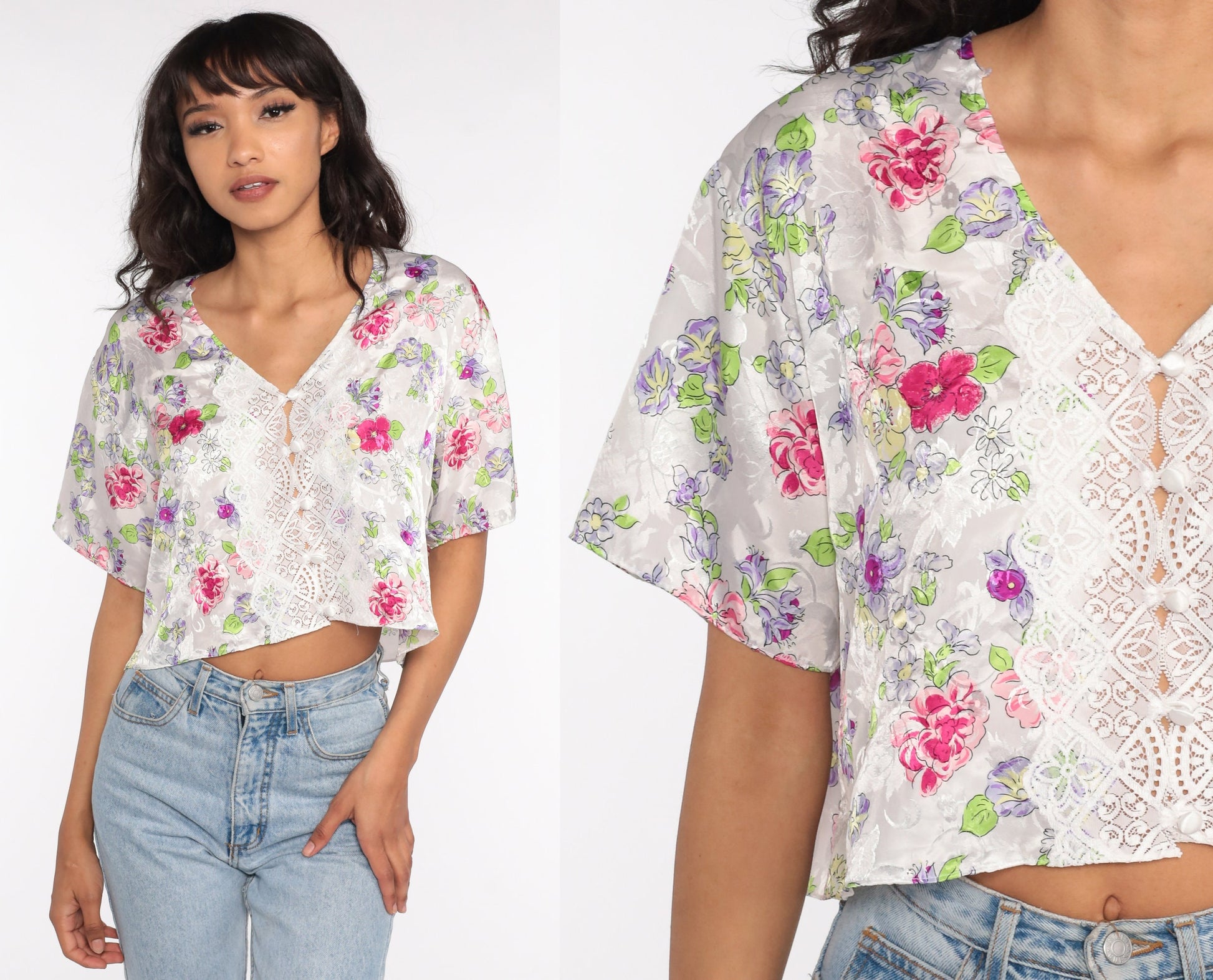 80s Floral Satin Lingerie Pajama Top Lace Crop Button-Up Large