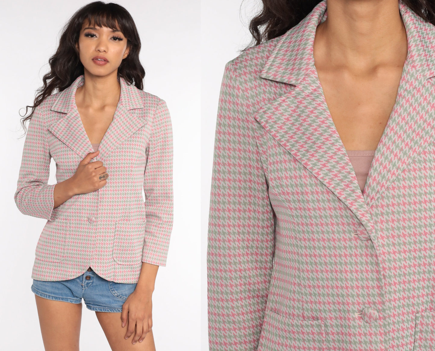 70s Checkered Blazer Pink Green Plaid Jacket Small