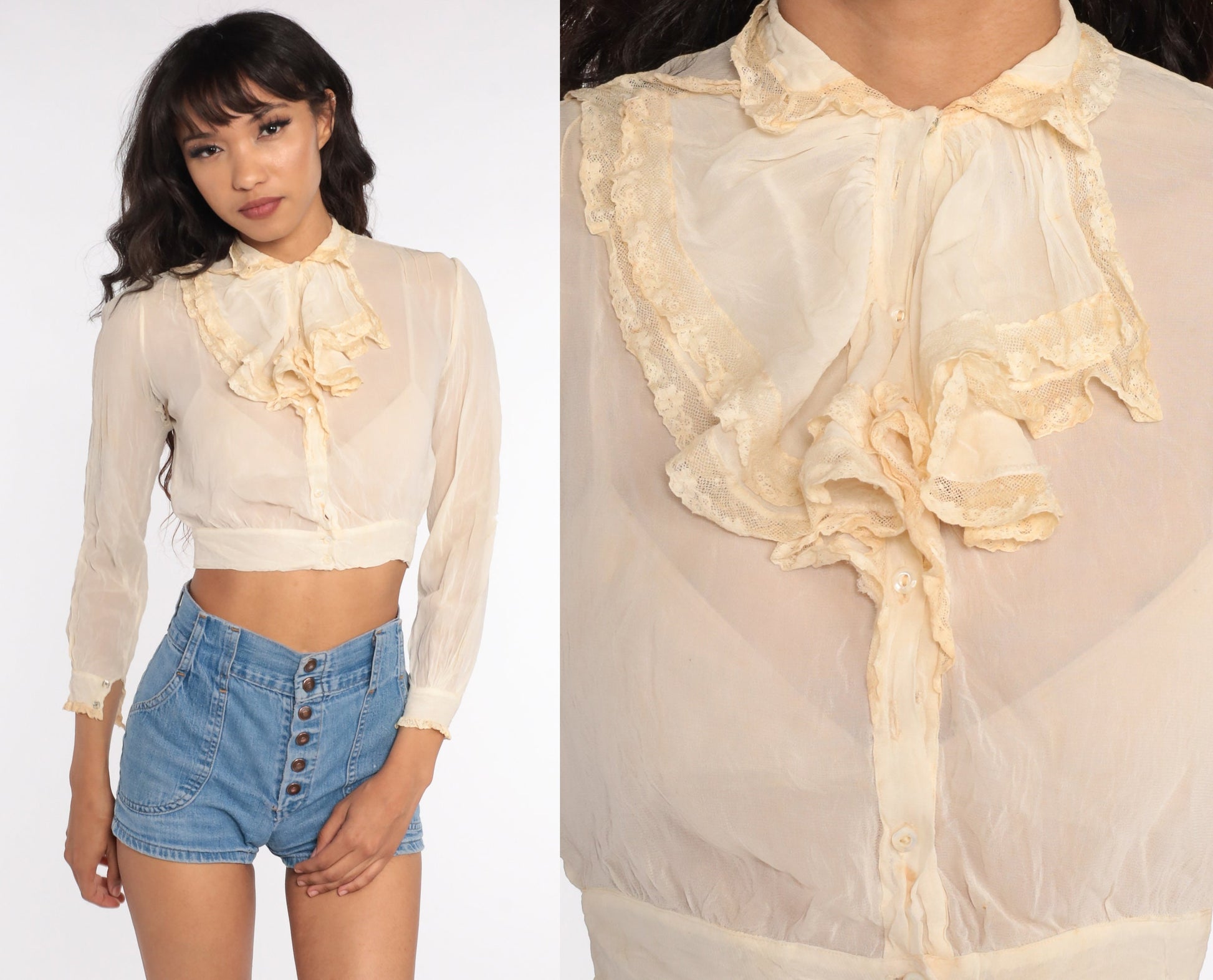 1940s Cream Chiffon Tuxedo Ruffle Blouse Crop Top Button Up Extra Small