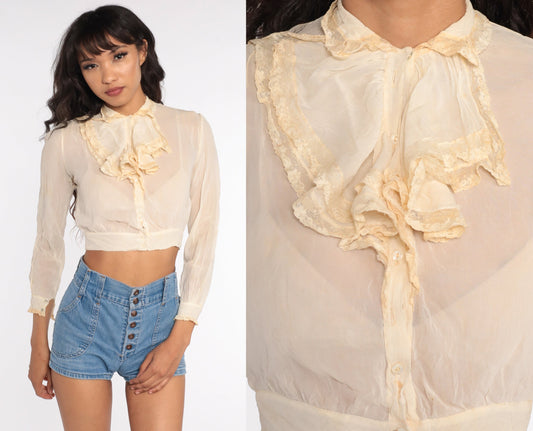 1940s Cream Chiffon Tuxedo Ruffle Blouse Crop Top Button Up Extra Small