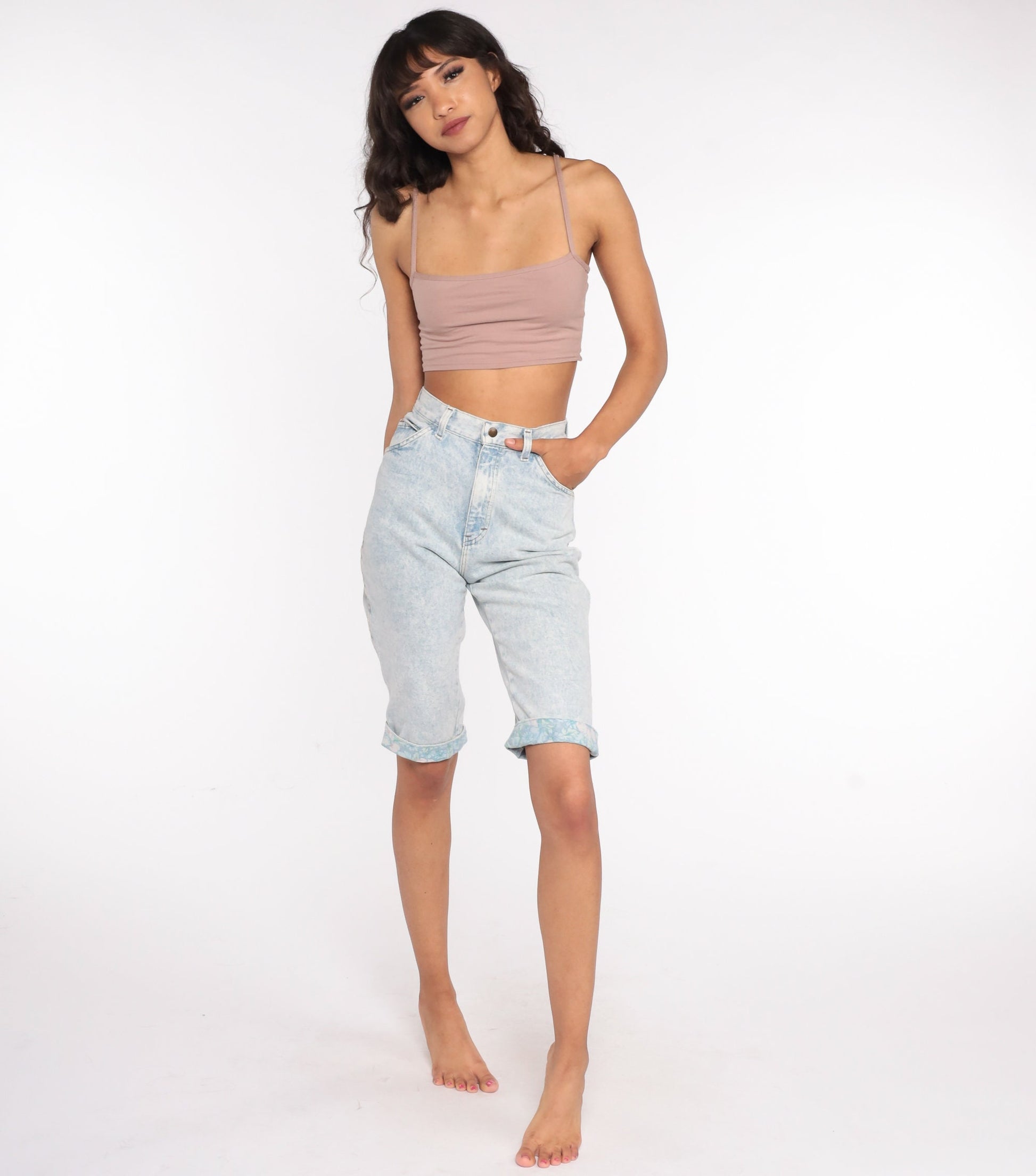 90s Acid Wash Denim Shorts Floral Cuff High Waist Bermuda Light Blue Extra Small