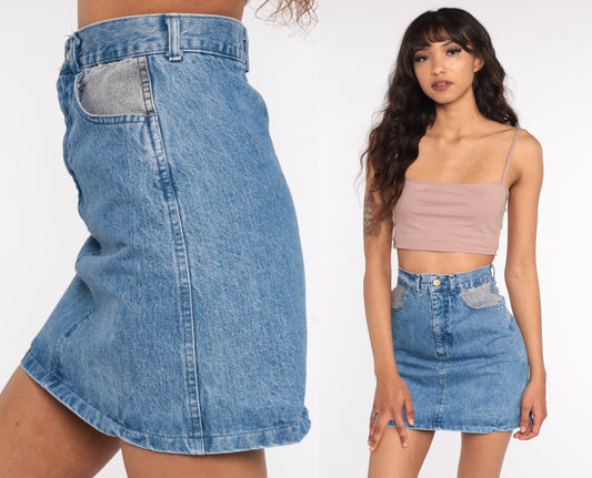 90s Stone Wash Denim Mini Skirt High Waisted Blue Jean Pencil Extra Small