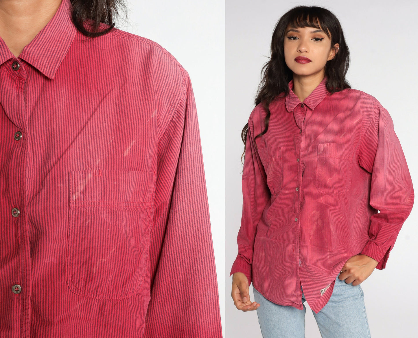 90s Calvin Klein Red Striped Oxford Button-Up Shirt Distressed Cotton Medium
