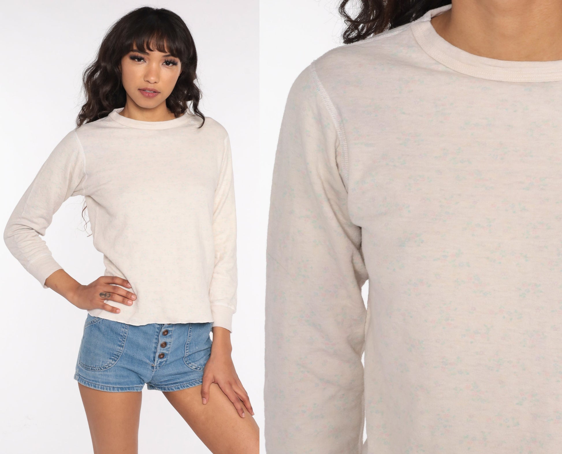 80s Duofold Floral Waffle Knit Thermal Shirt Long Sleeve White Large