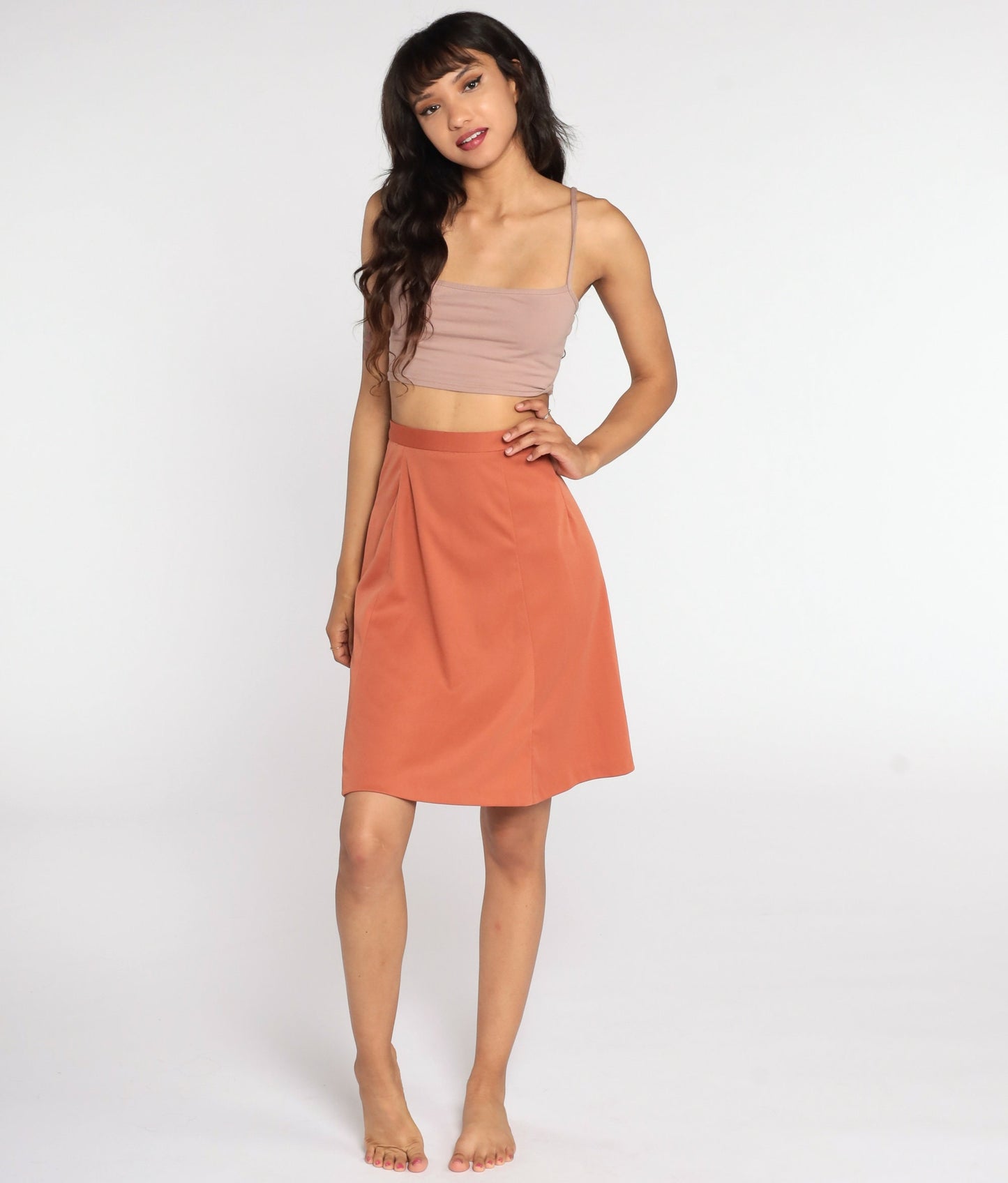 70s Terracotta A-Line Midi Skirt High Waisted Rear Zip Extra Small