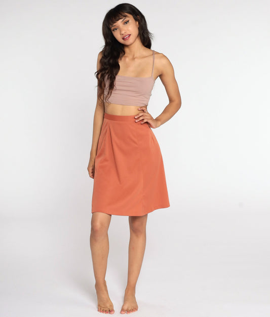 70s Terracotta A-Line Midi Skirt High Waisted Rear Zip Extra Small