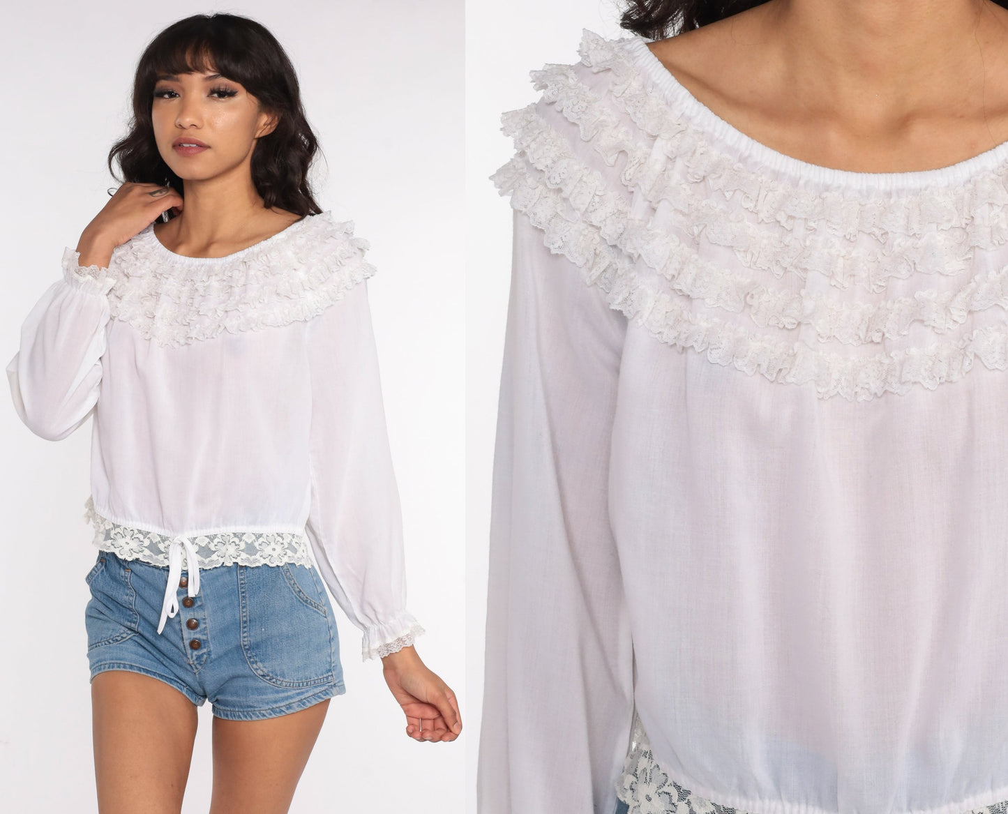 70s White Peasant Blouse Lace Trim Puff Sleeve Crop Top Small Medium