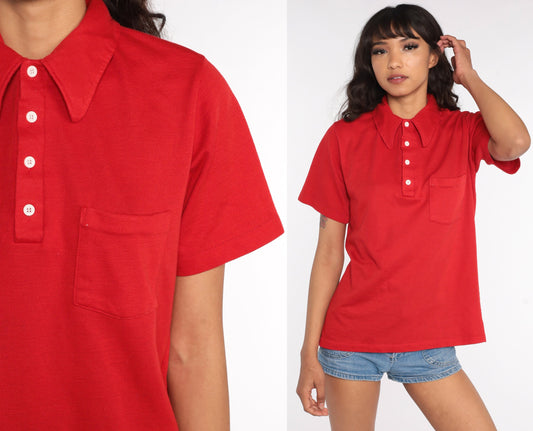 70s Red Polo Shirt Half Button Up Collared Short Sleeve Medium Large