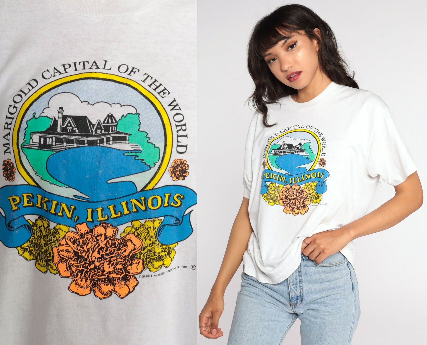 90s Pekin Illinois Graphic T-Shirt Floral Print Screen Stars Extra Large XL