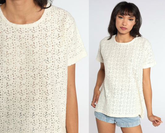 80s Sheer Cream Lace Blouse Short Sleeve Floral Cotton Nylon Medium