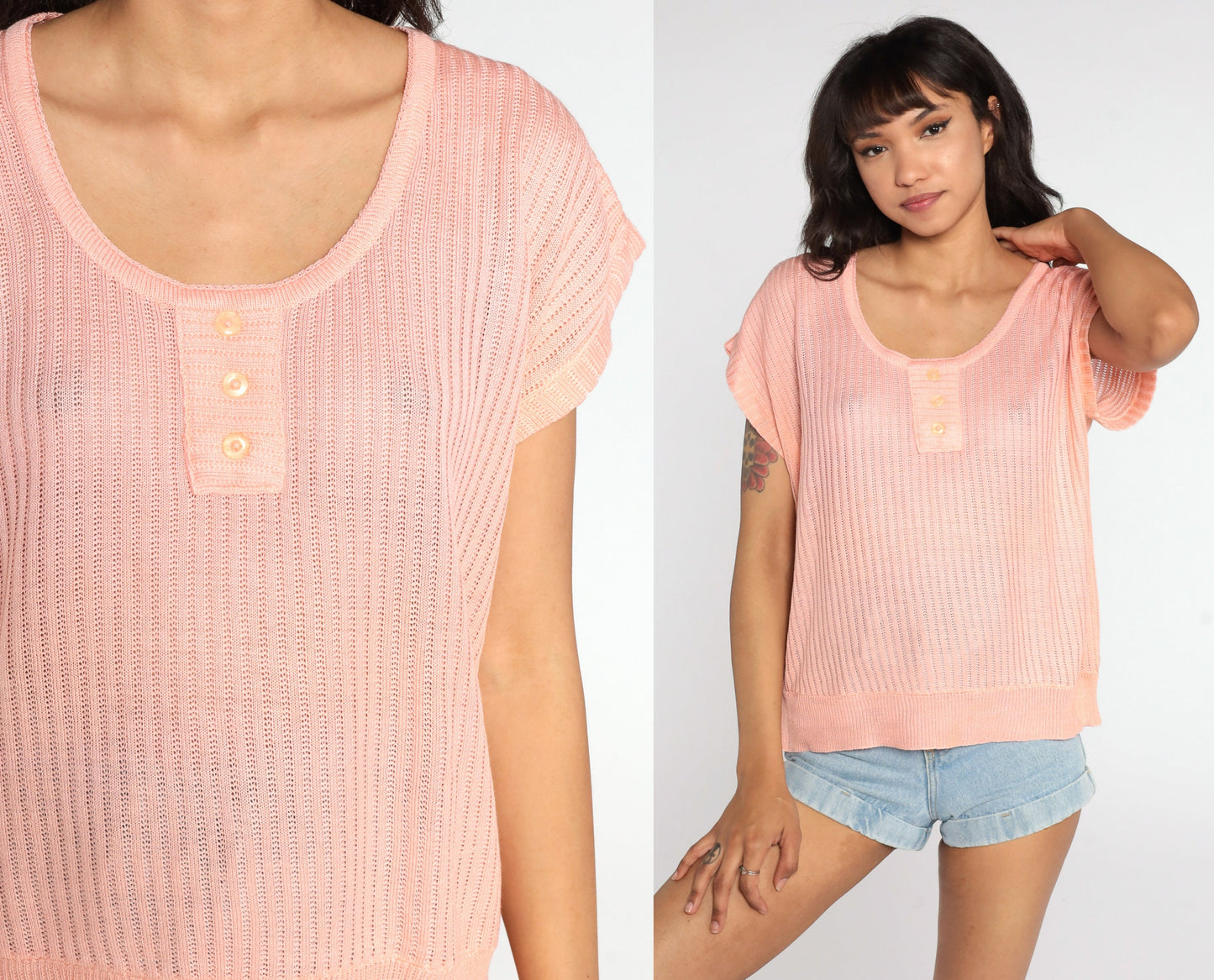 80s Peach Knit Sweater Top Short Sleeve Ribbed Slouchy Large