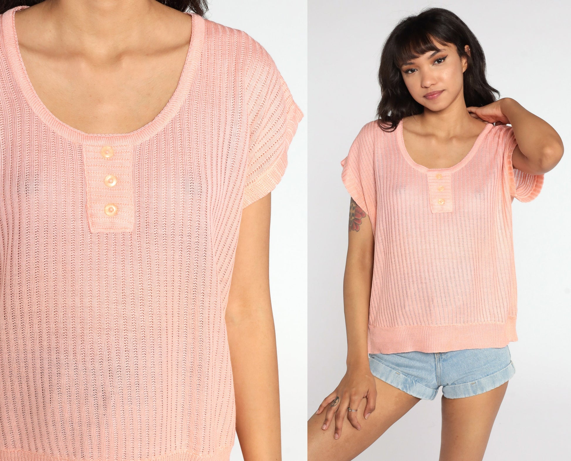 80s Peach Knit Sweater Top Short Sleeve Ribbed Slouchy Large
