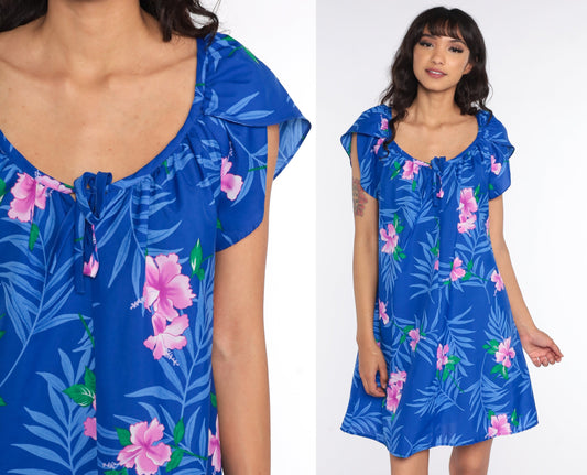 80s Hawaiian Floral Mini Dress Blue Puff Sleeve Shift Large