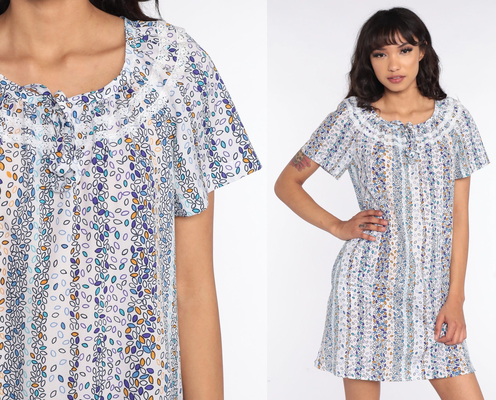 1970s Leaf Print Tent Dress White Purple Mini Short Sleeve Medium