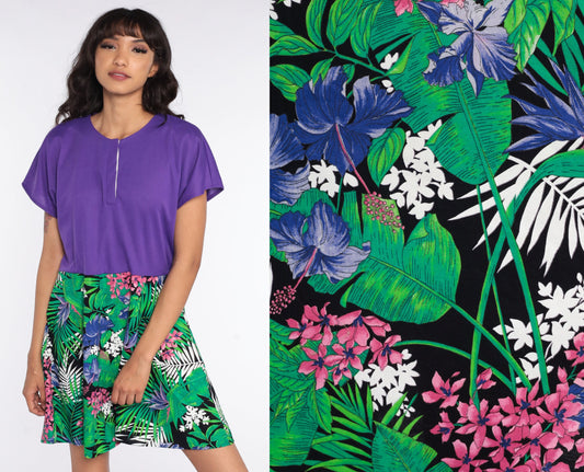 80s Tropical Floral Mini Dress Purple Bodice High Waisted Cap Sleeve Medium