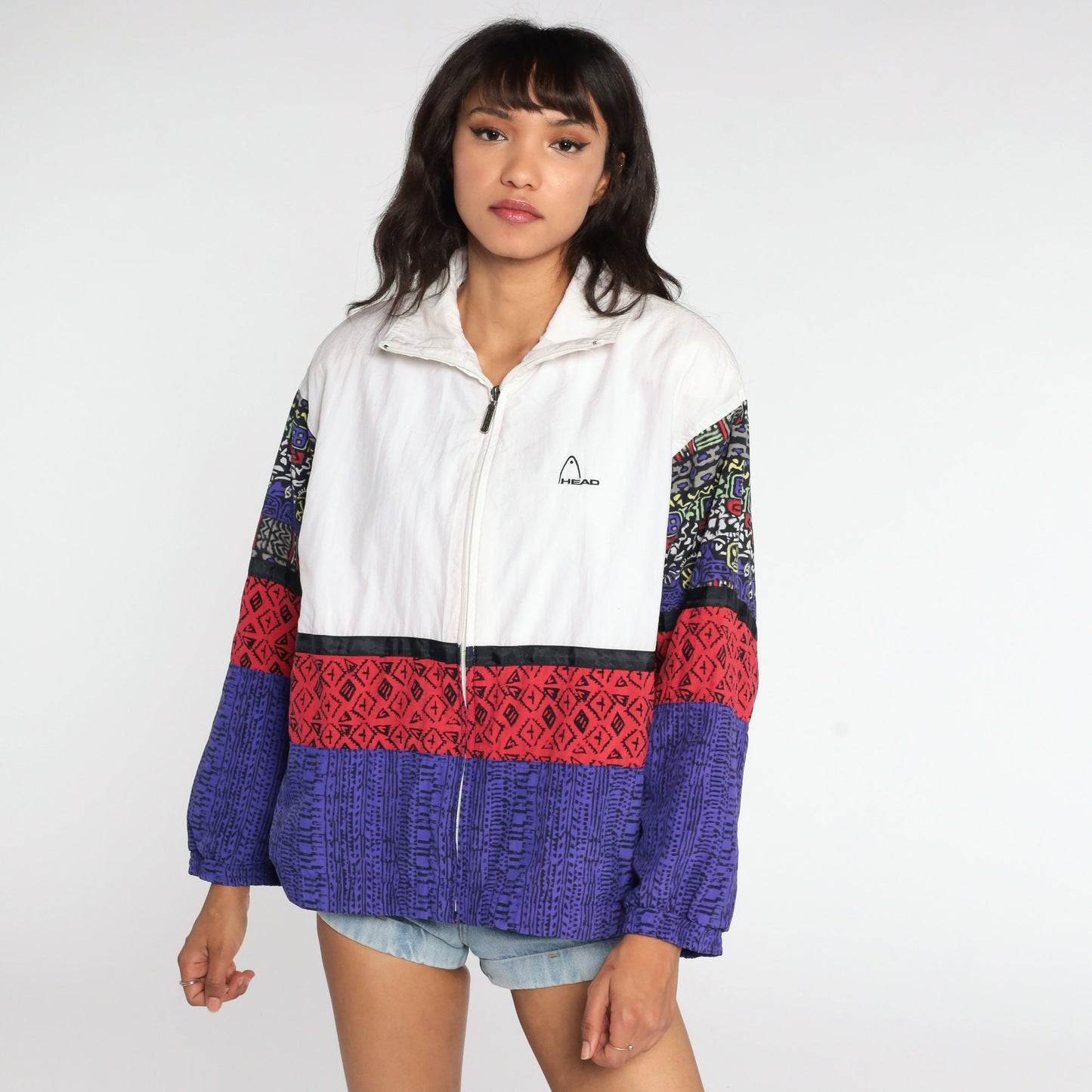 90s Head Colour Block Windbreaker Jacket White Red Purple Large