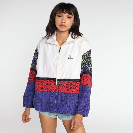 90s Head Colour Block Windbreaker Jacket White Red Purple Large