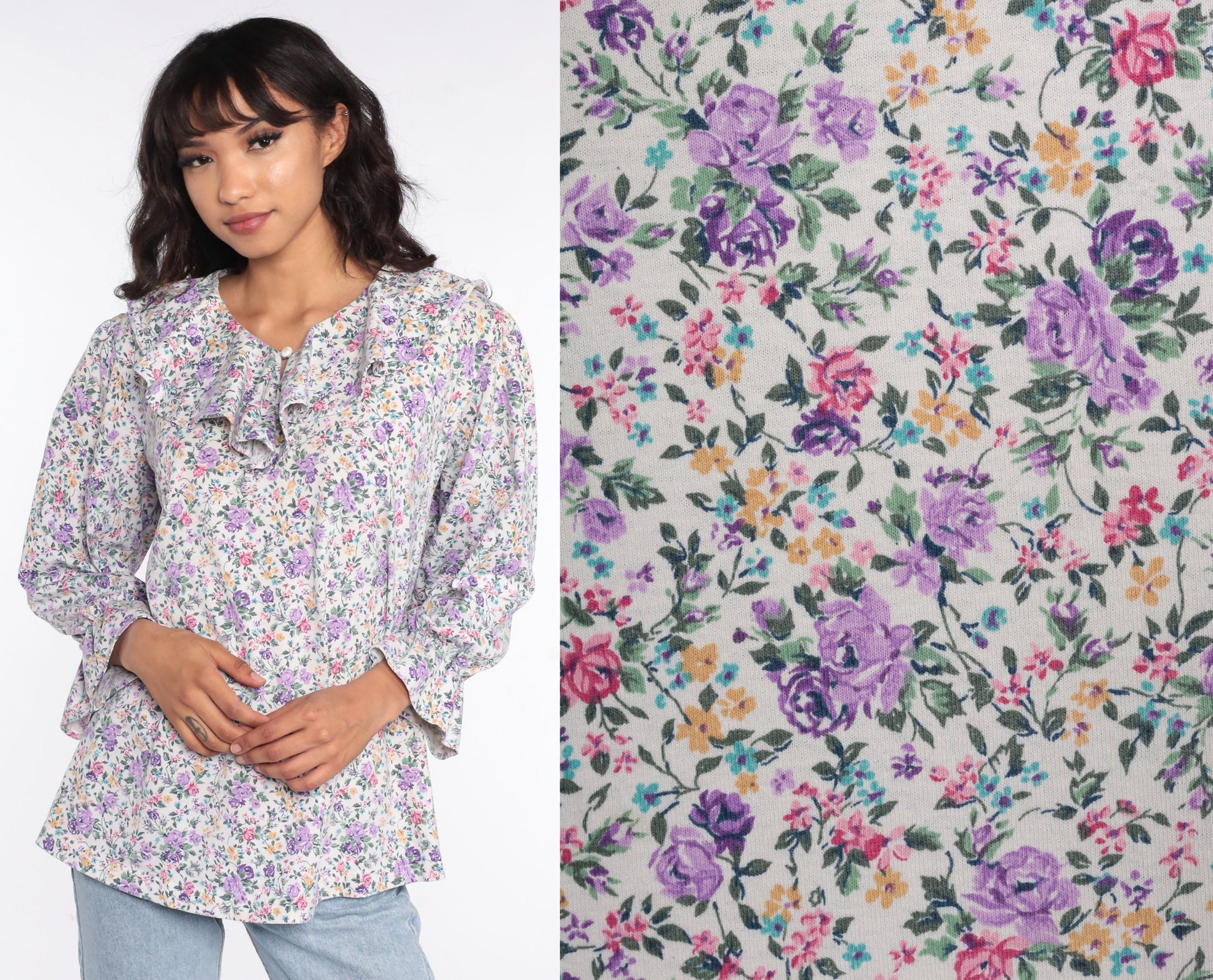 80s Floral Tuxedo Blouse Purple Ruffle Long Sleeve Medium