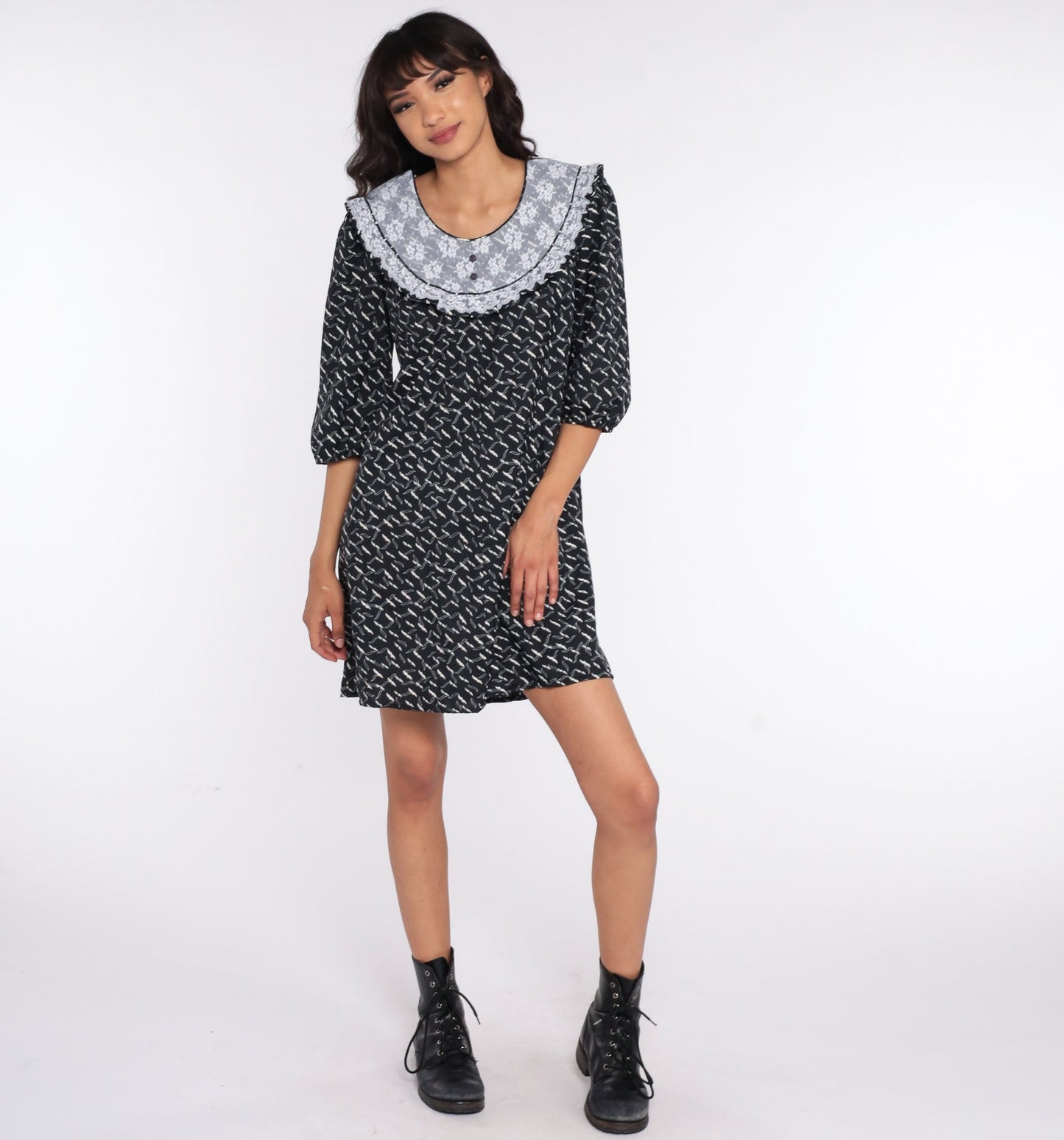 80s Black Geometric Lace Bib Mini Dress Tent Cut Small S