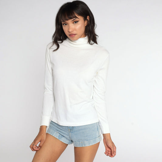 80s White Turtleneck Long Sleeve Shirt Cotton Blend Medium