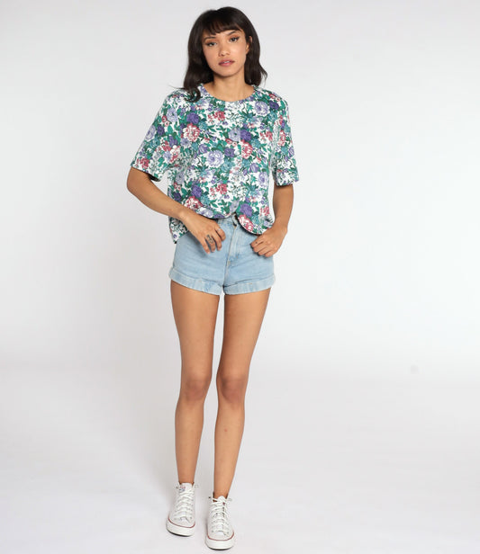 80s Floral Button-Up Blouse Short Sleeve Shirt Cotton Blend Large L