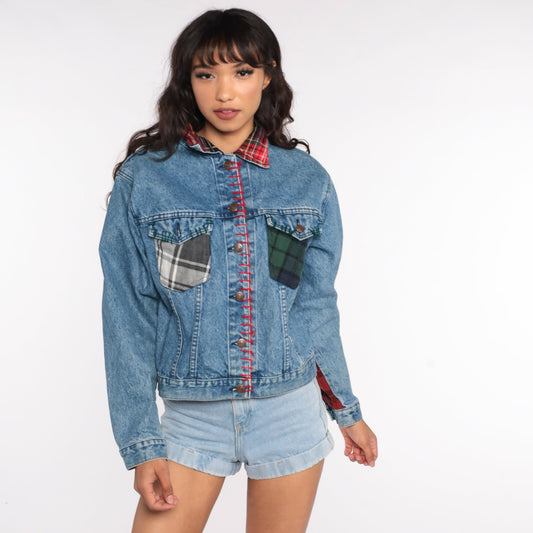 80s Jordache Denim Jacket Patchwork Plaid Blue Jean Coat Medium