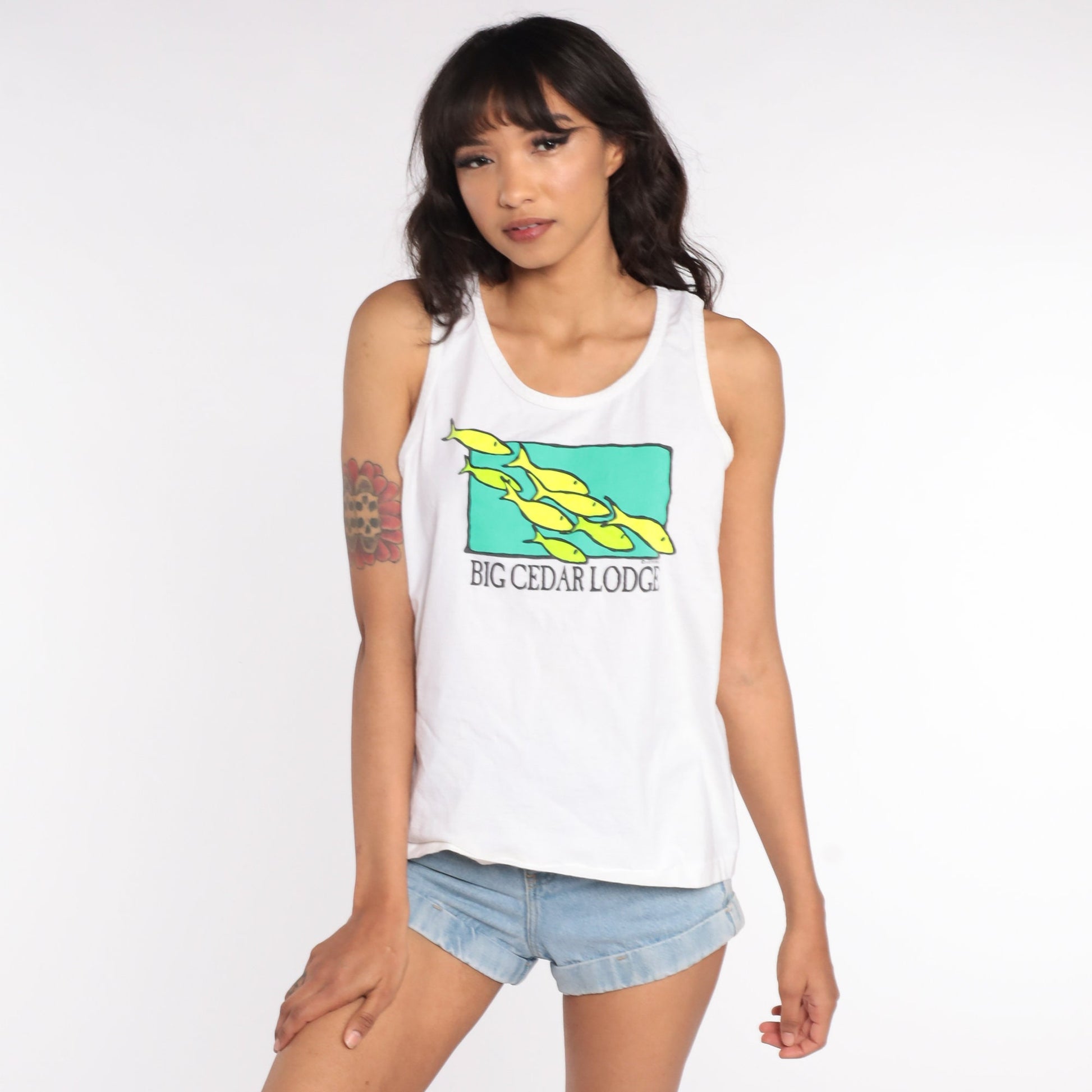 90s Big Cedar Lodge Missouri Fish Tank Top Neon Graphic Medium