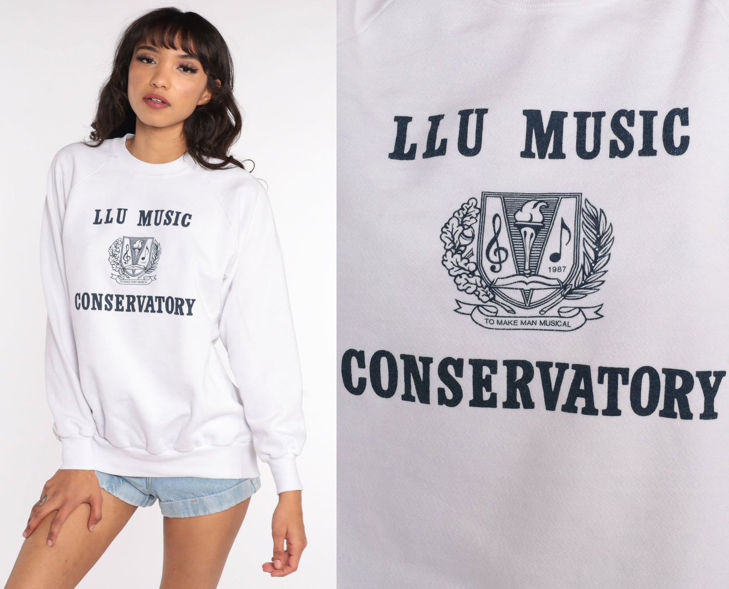 80s LLU Music Conservatory Raglan Sweatshirt Graphic Pullover Medium