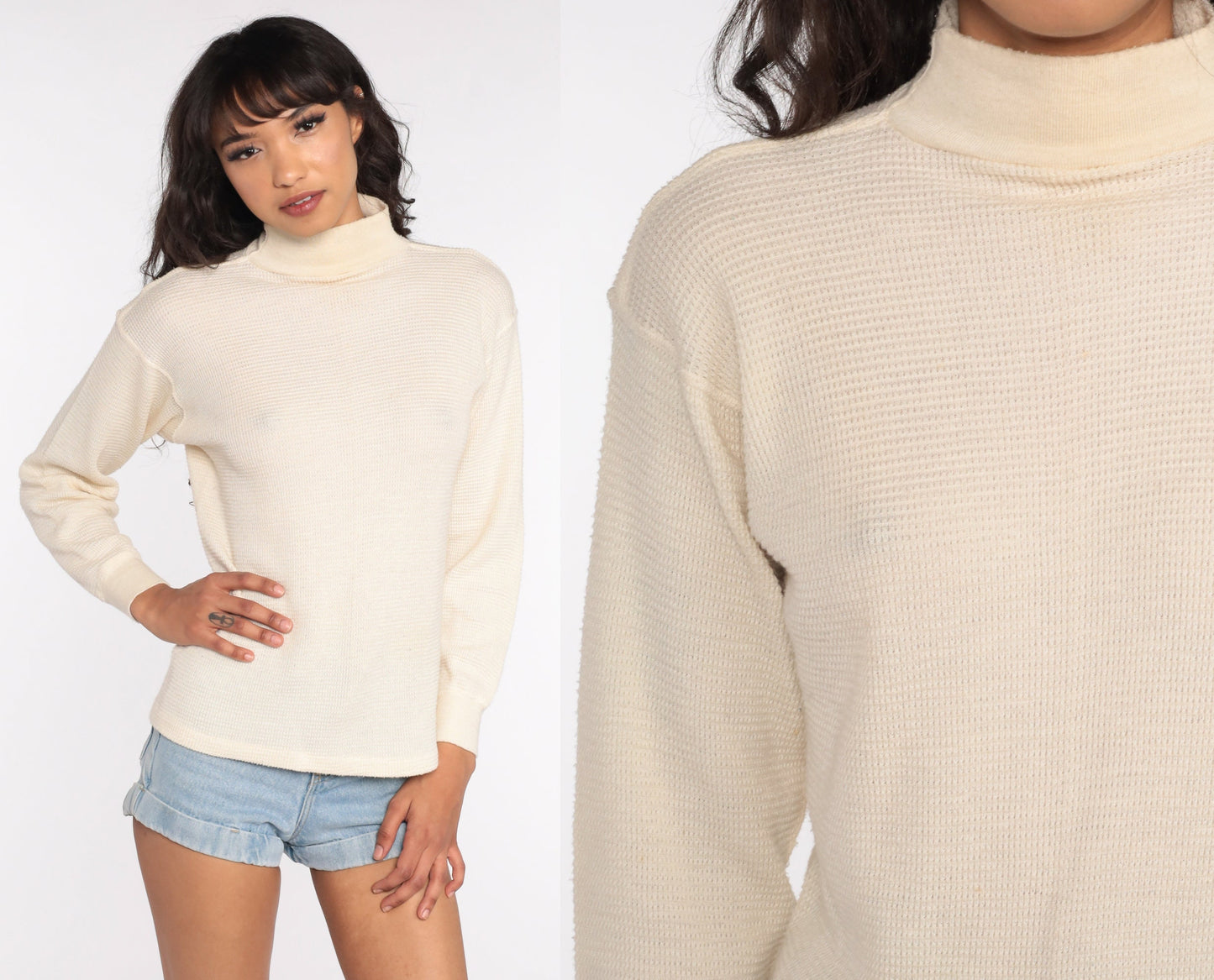 80s Cream Thermal Waffle Knit Long Sleeve Shirt Medium Large
