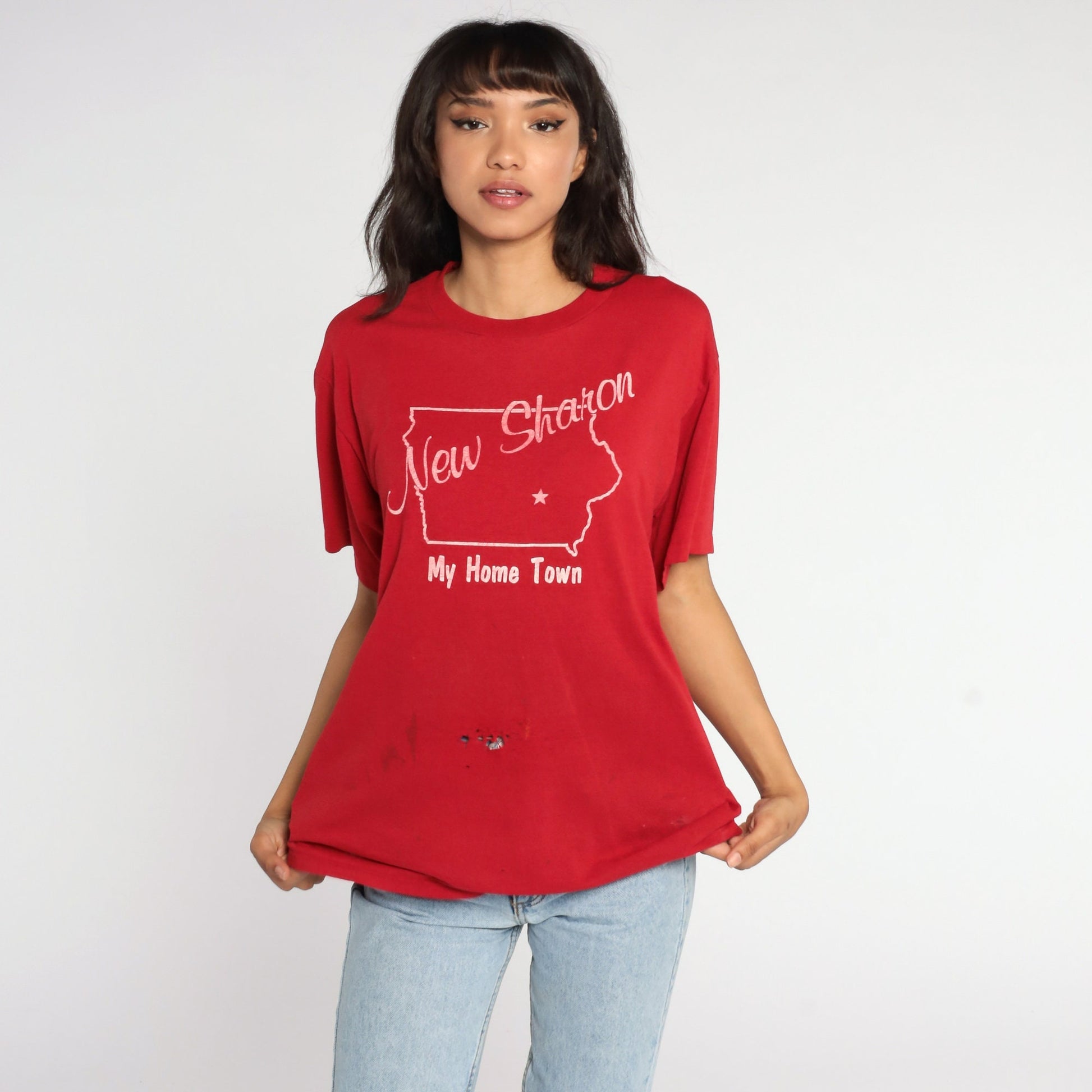 80s New Sharon Iowa Graphic T-Shirt Single Stitch Red Extra Large