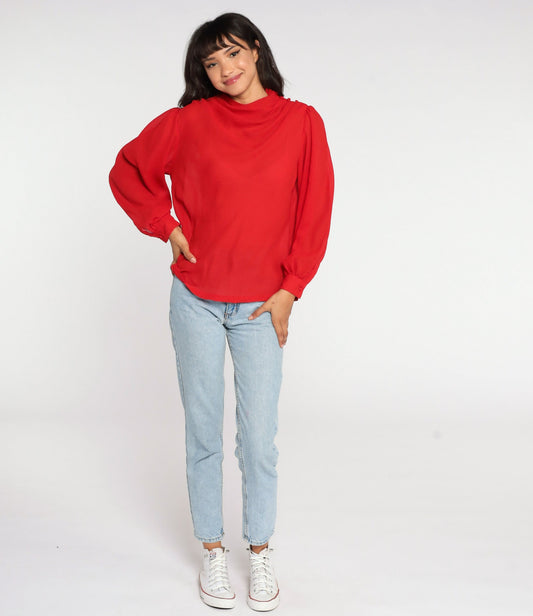 80s Red Sheer Cowl Neck Blouse Puff Sleeve Party Top Large L