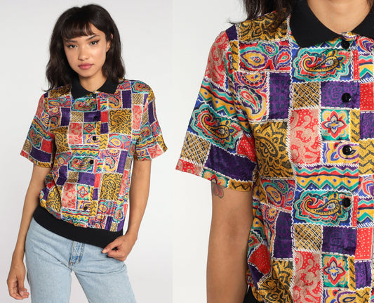 90s Paisley Print Button-Up Shirt Short Sleeve Blouse Medium