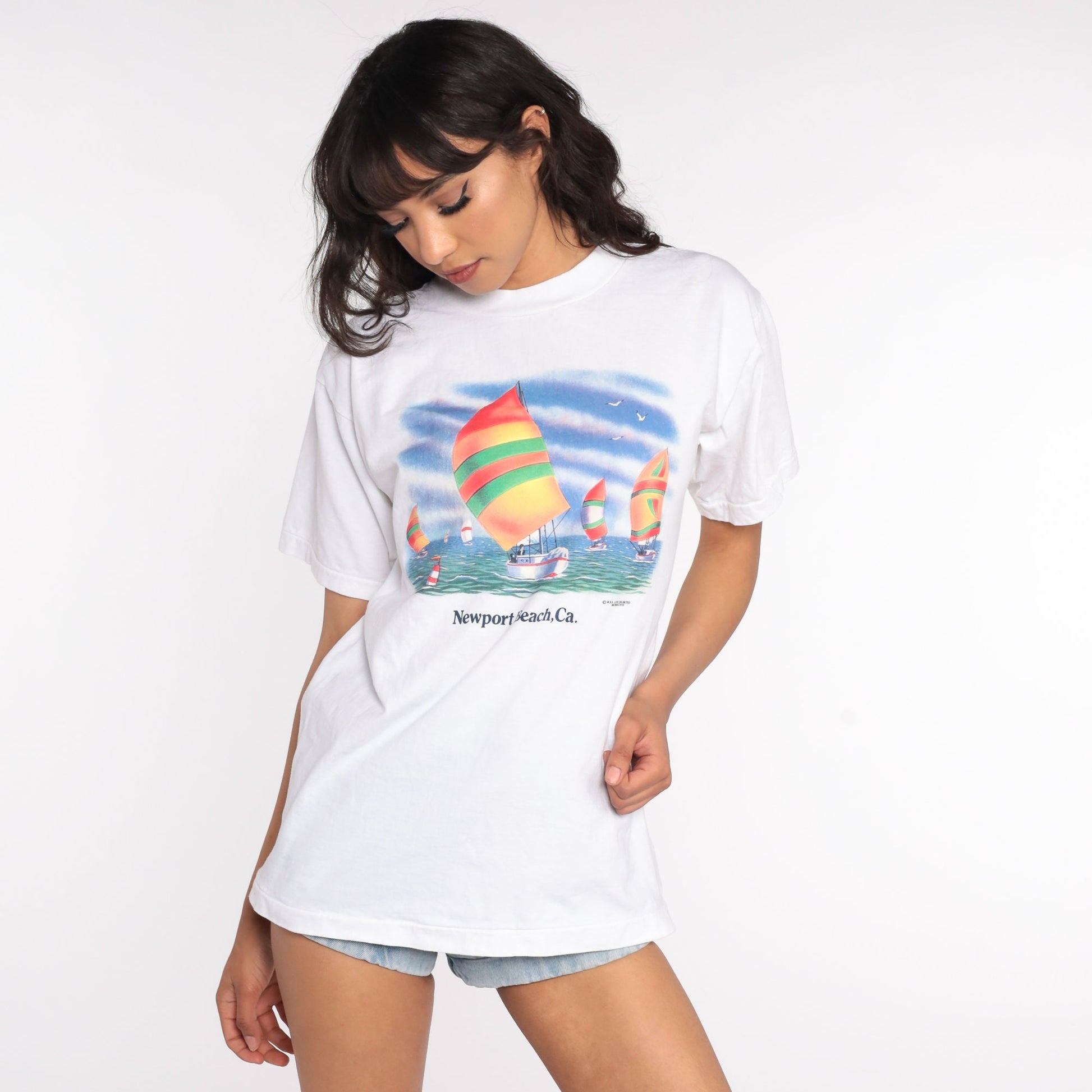 90s Newport Beach Sailboat Graphic T-Shirt California Cotton Tee Medium