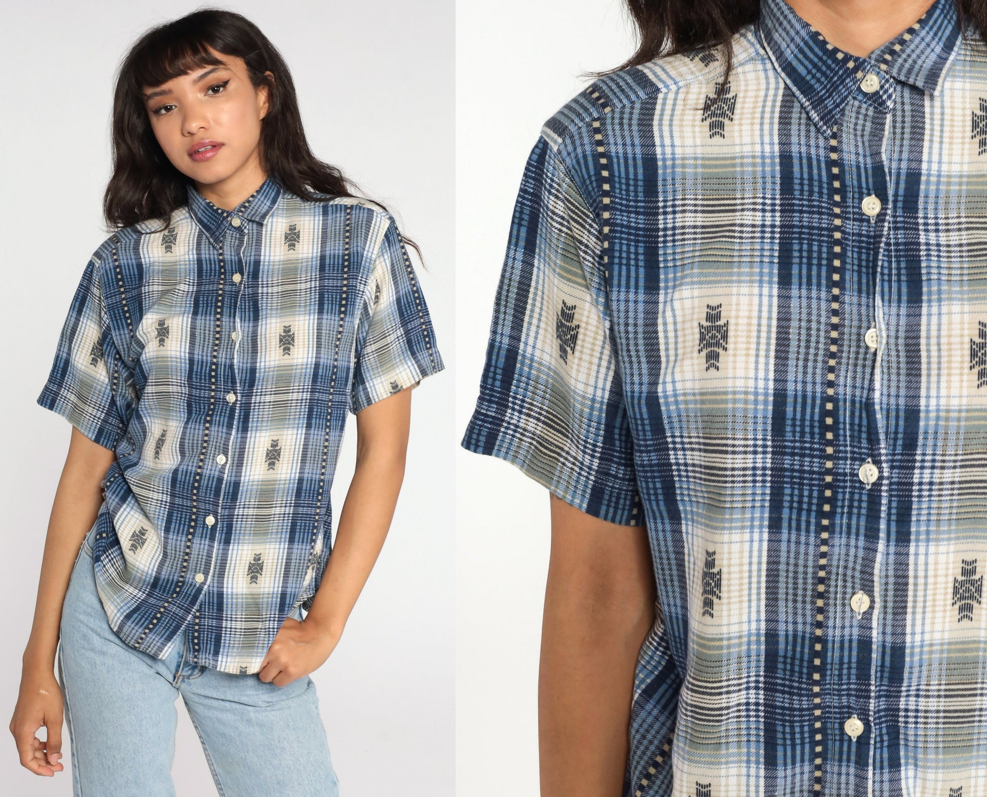 80s Blue Plaid Button-Up Shirt Short Sleeve Medium