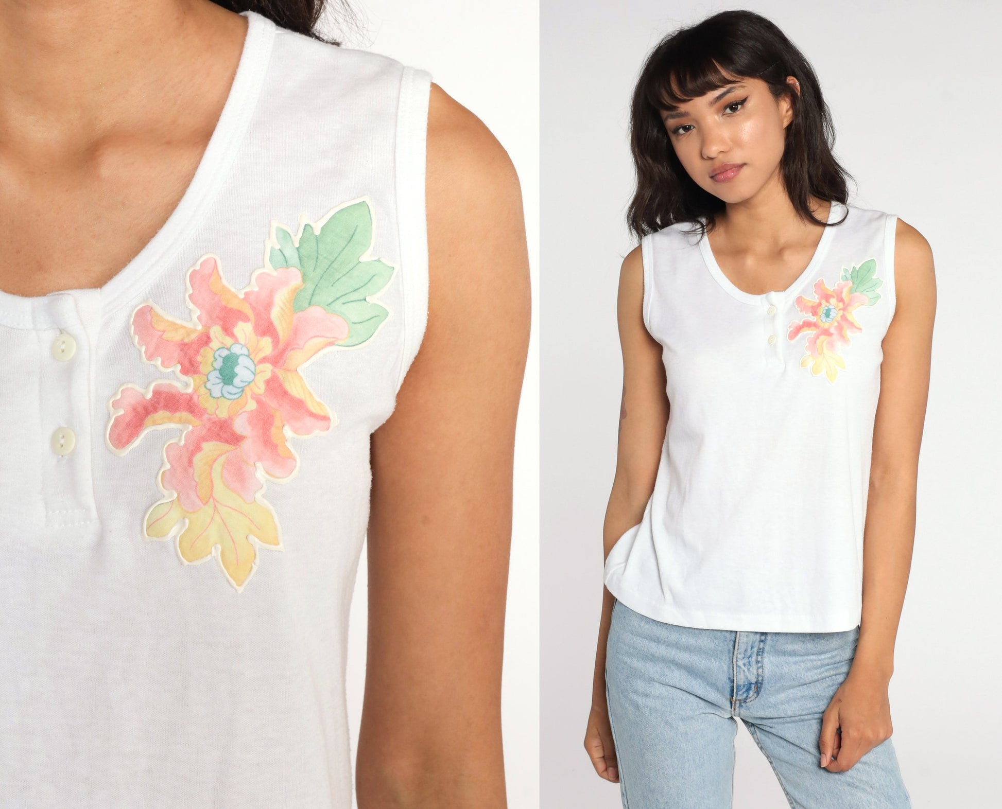 80s White Floral Tank Top Single Stitch Henley Sleeveless Small