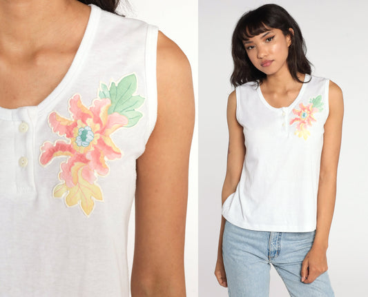80s White Floral Tank Top Single Stitch Henley Sleeveless Small