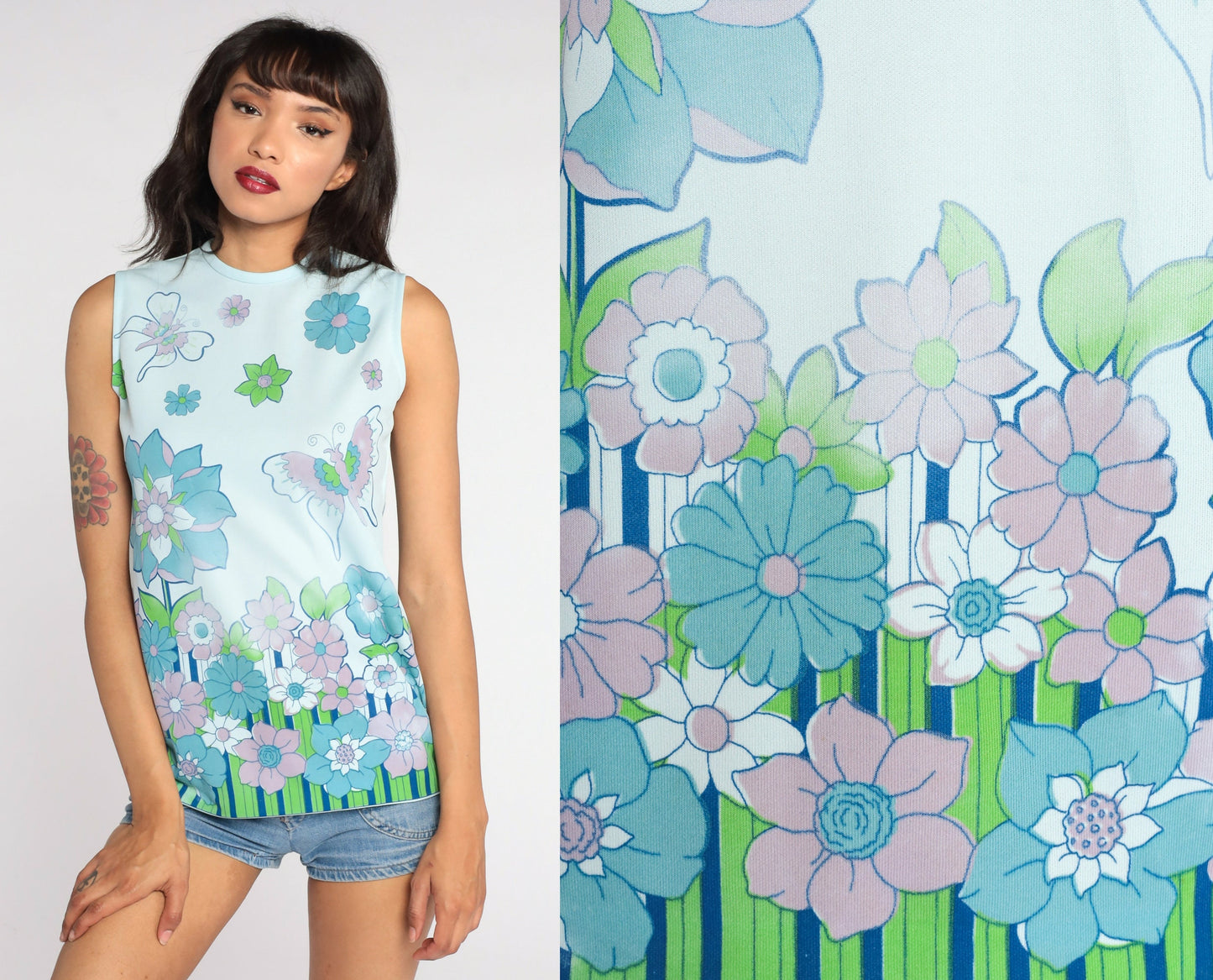 70s Butterfly Floral Tank Top Blue Psychedelic Sleeveless Blouse Small