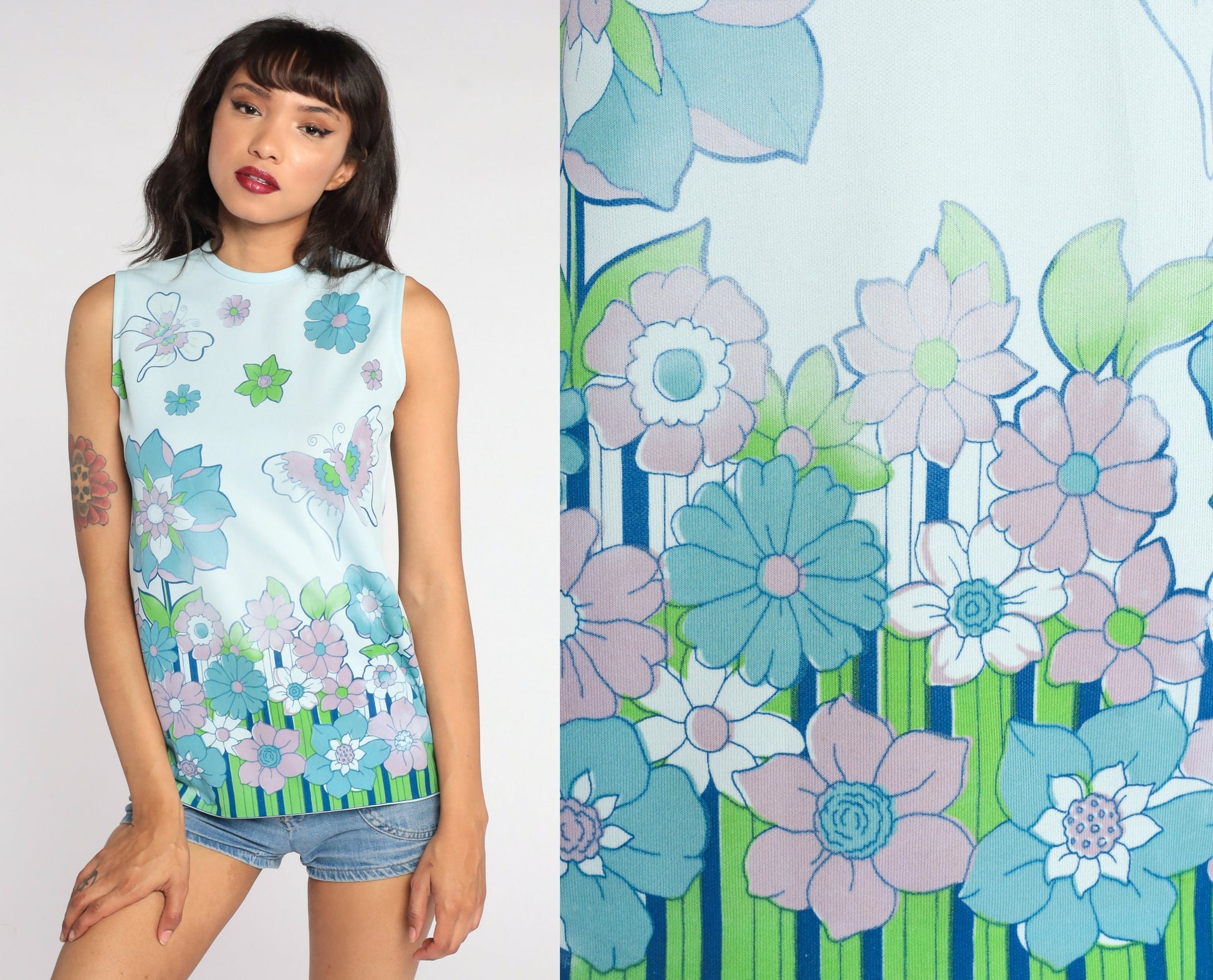 70s Butterfly Floral Tank Top Blue Psychedelic Sleeveless Blouse Small