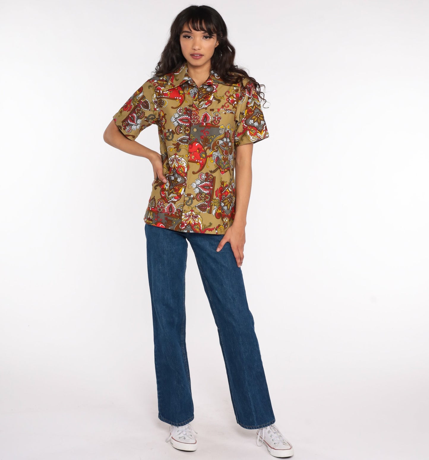 70s Psychedelic Acid Print Button Up Shirt Short Sleeve Unisex Small Medium