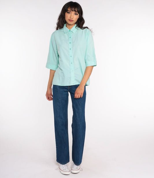 80s Aqua Blue Cotton Button-Up Blouse 3/4 Sleeve Collared Shirt Large