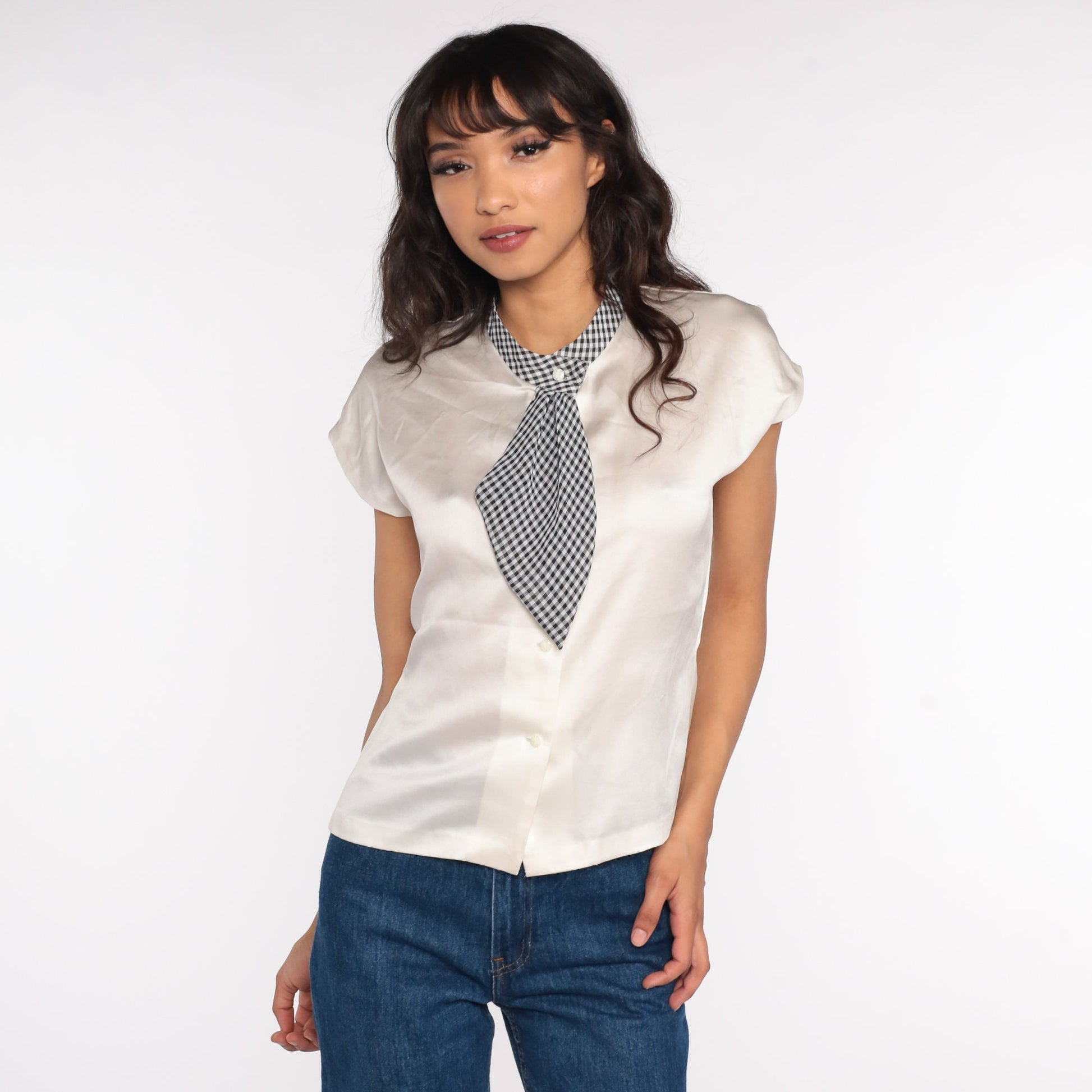 70s White Satin Blouse Gingham Ascot Cap Sleeve Button Up Medium