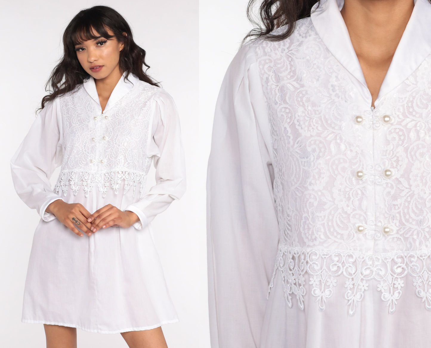 80s White Lace Mini Dress Puff Sleeve Front Zip Covenant Apparel Extra Small
