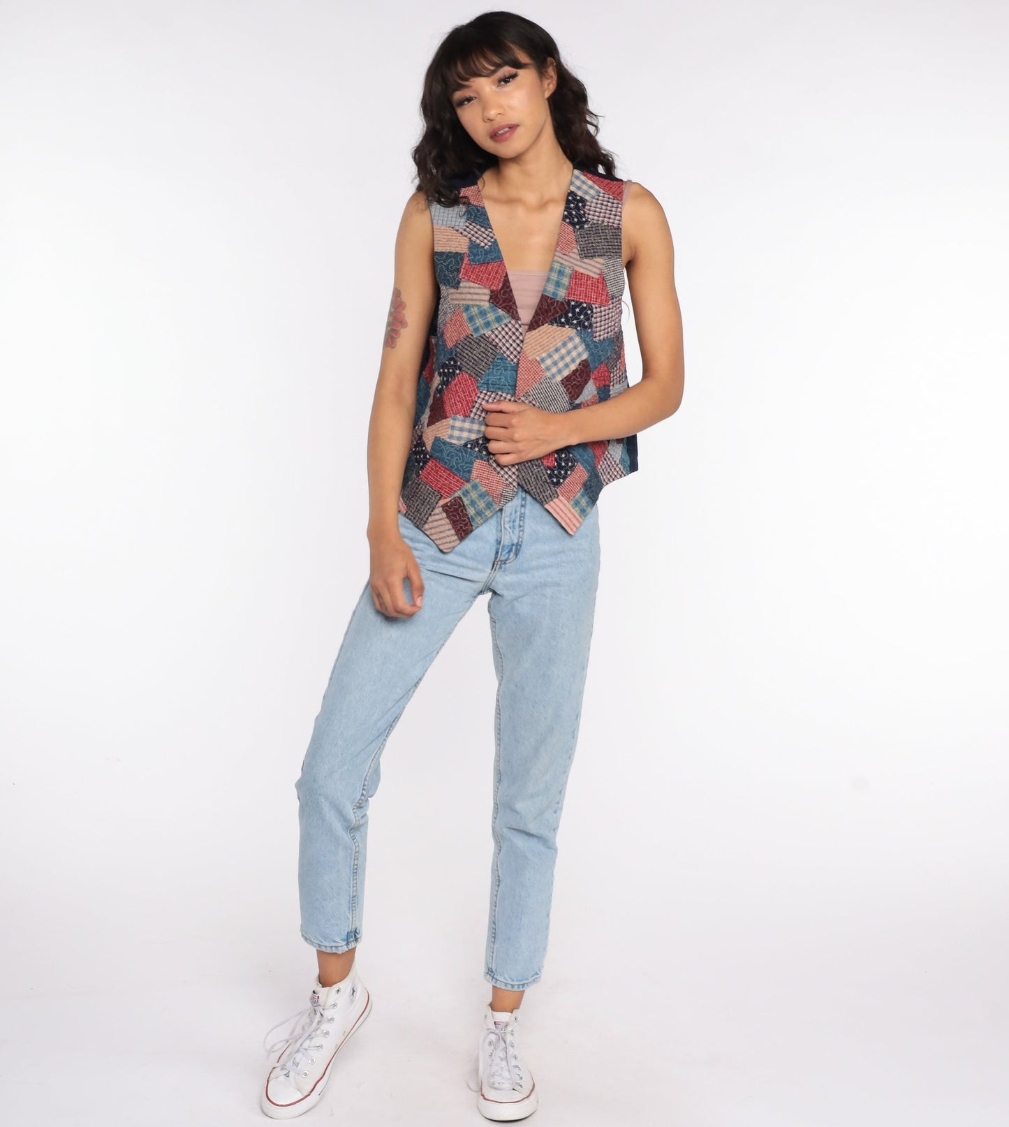 90s Patchwork Open Front Vest Top Red Blue Gingham Medium