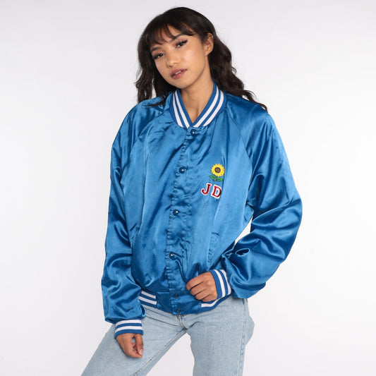 80s Bird City Kansas Satin Bomber Jacket Blue Snap Centennial XXL