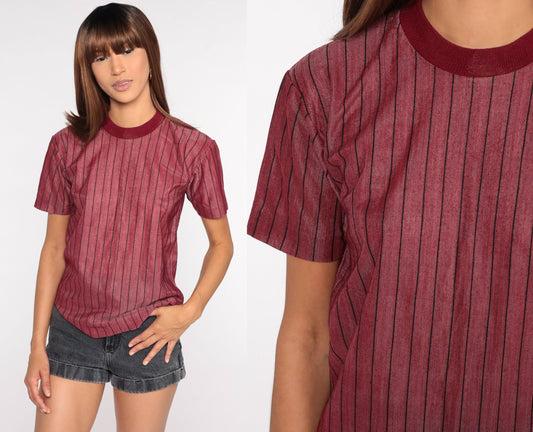80s Striped Ringer T-Shirt Burgundy Minimalist Tee Small